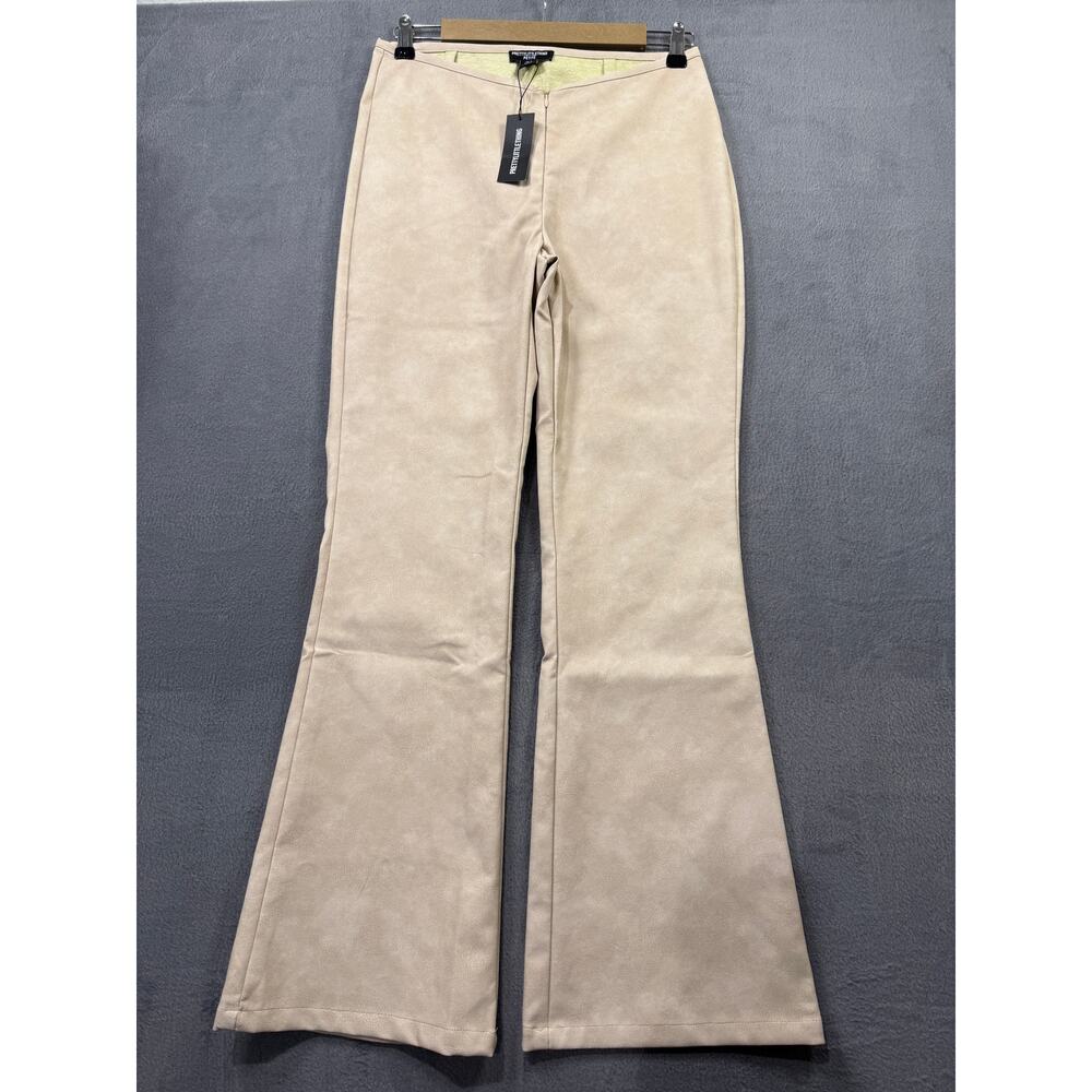 NWT Pretty Little Thing Petite Faux Leather Zip Front Flared Trousers Stone Sz 8